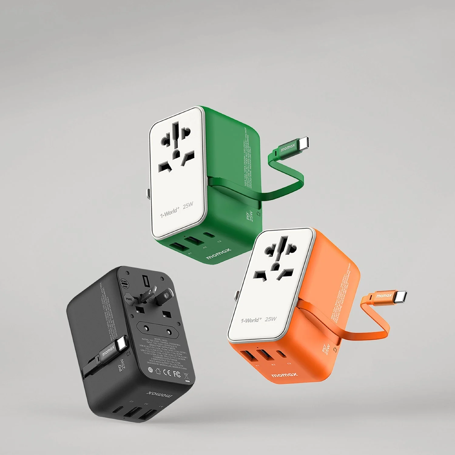 1-World+ 3-Port Travel Charger Built-In USB-C Cable 25W - Image 28