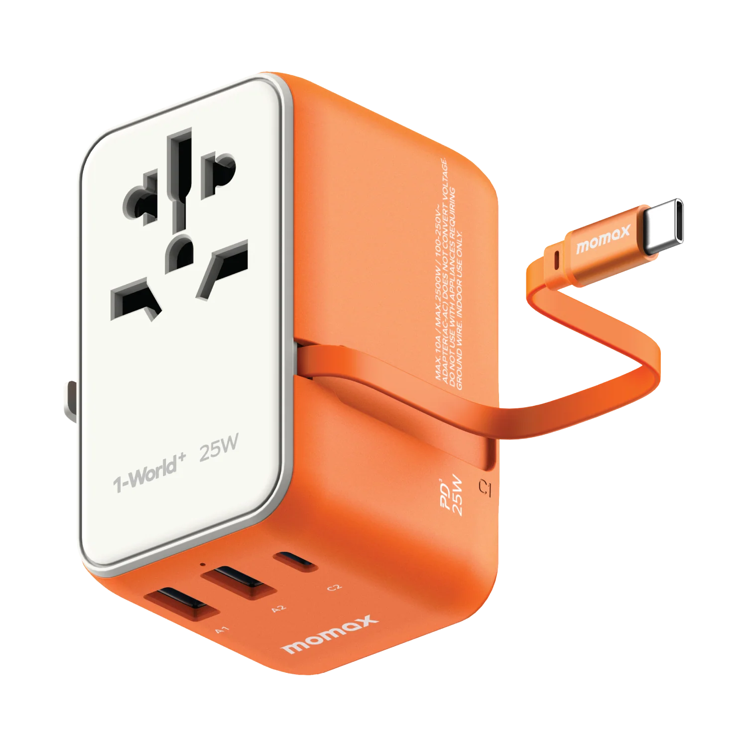 1-World+ 3-Port Travel Charger Built-In USB-C Cable 25W - Image 3