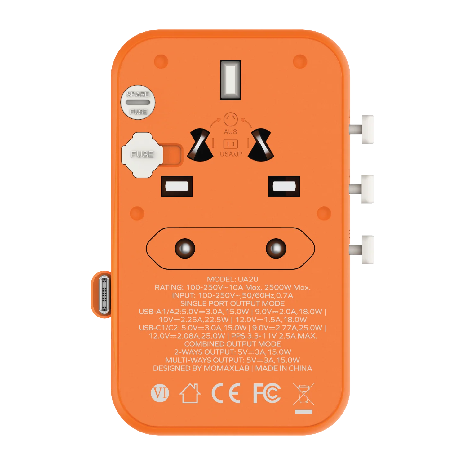 1-World+ 3-Port Travel Charger Built-In USB-C Cable 25W - Image 4