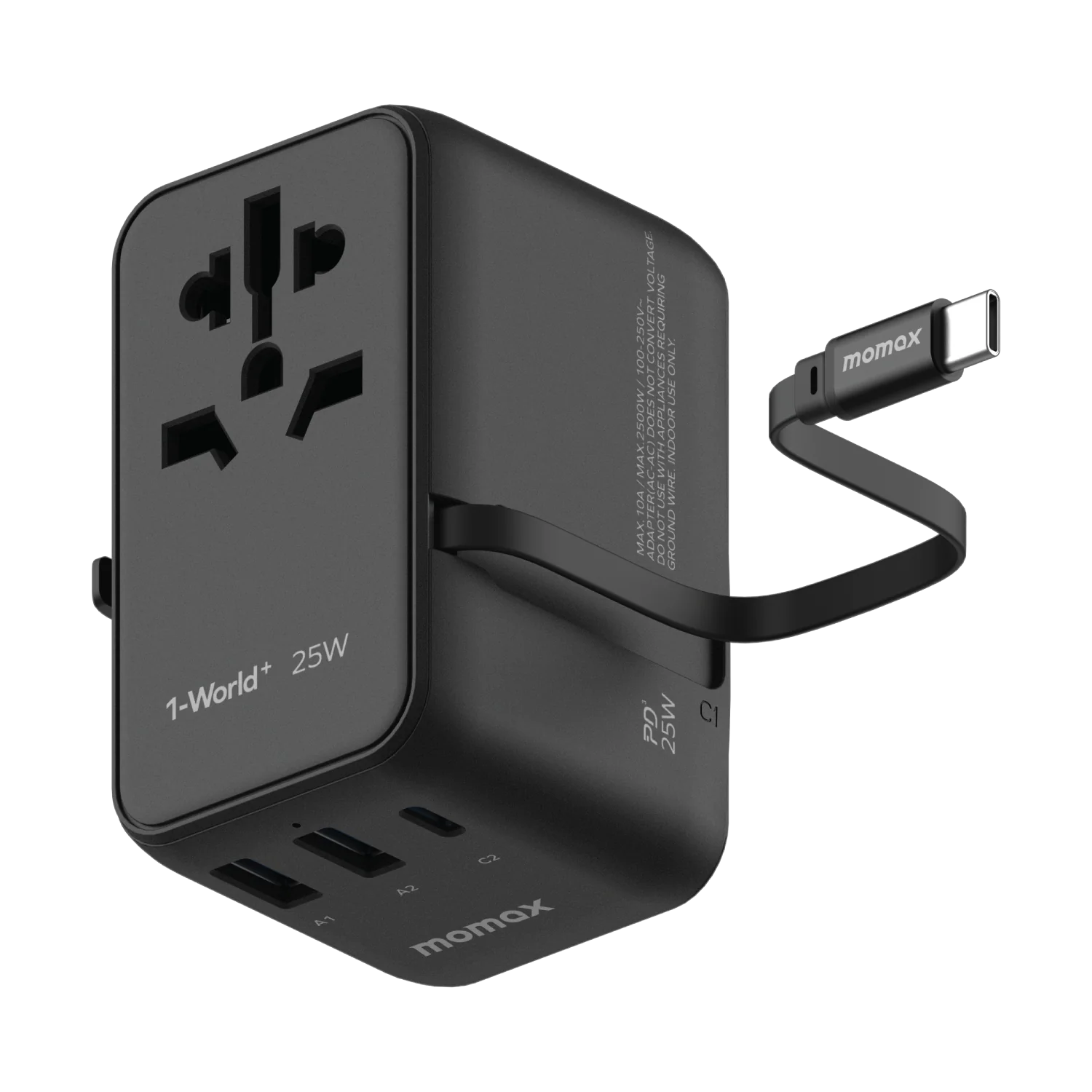 1-World+ 3-Port Travel Charger Built-In USB-C Cable 25W - Image 5