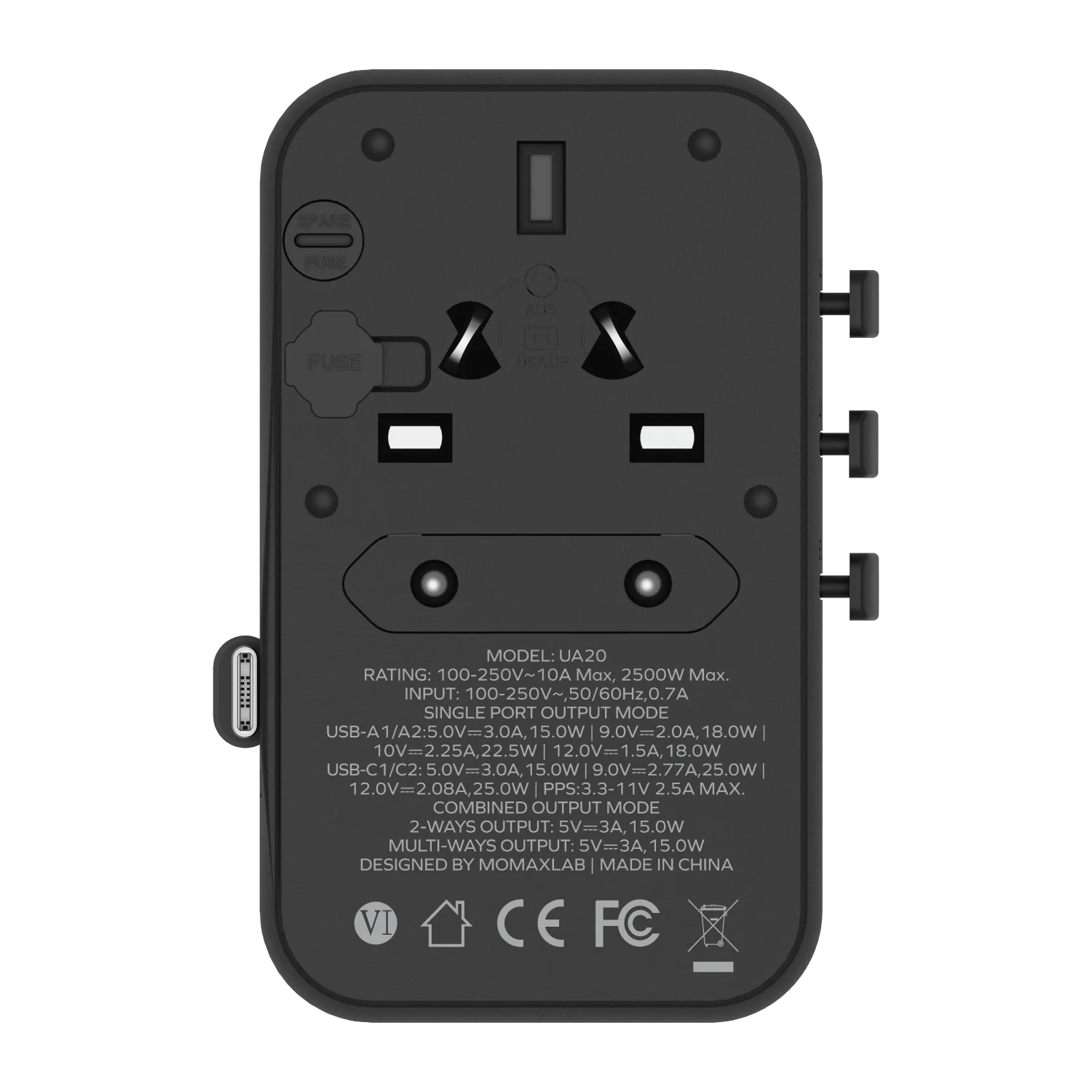 1-World+ 3-Port Travel Charger Built-In USB-C Cable 25W - Image 6