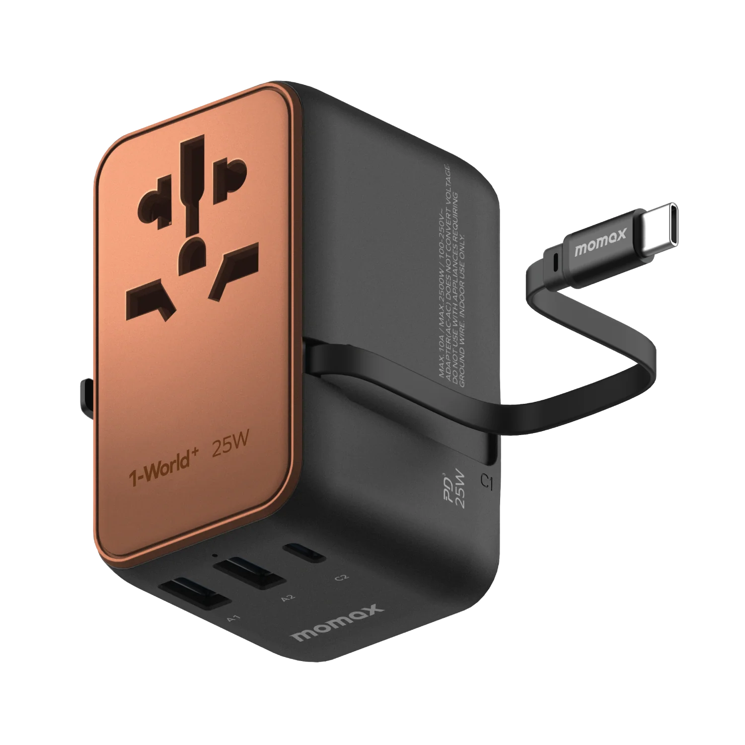 1-World+ 3-Port Travel Charger Built-In USB-C Cable 25W - Image 7