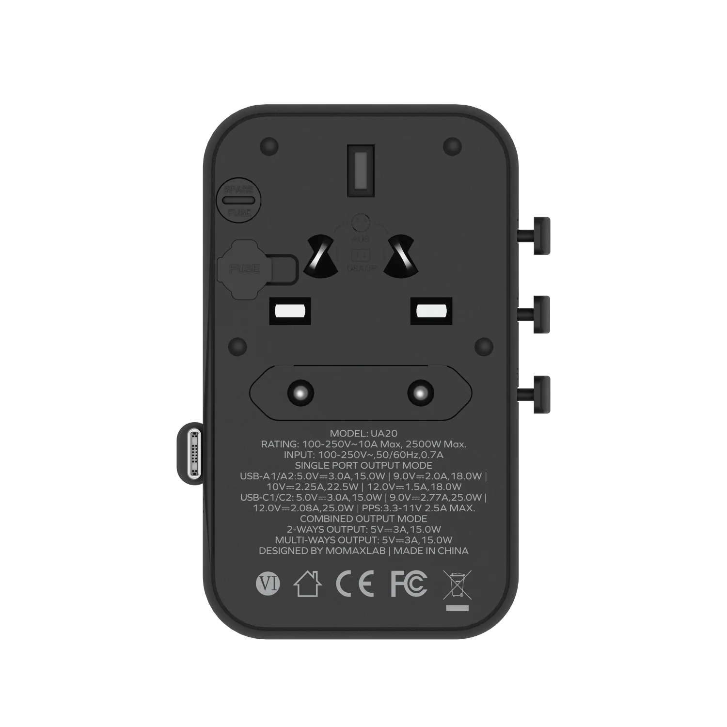 1-World+ 3-Port Travel Charger Built-In USB-C Cable 25W - Image 8