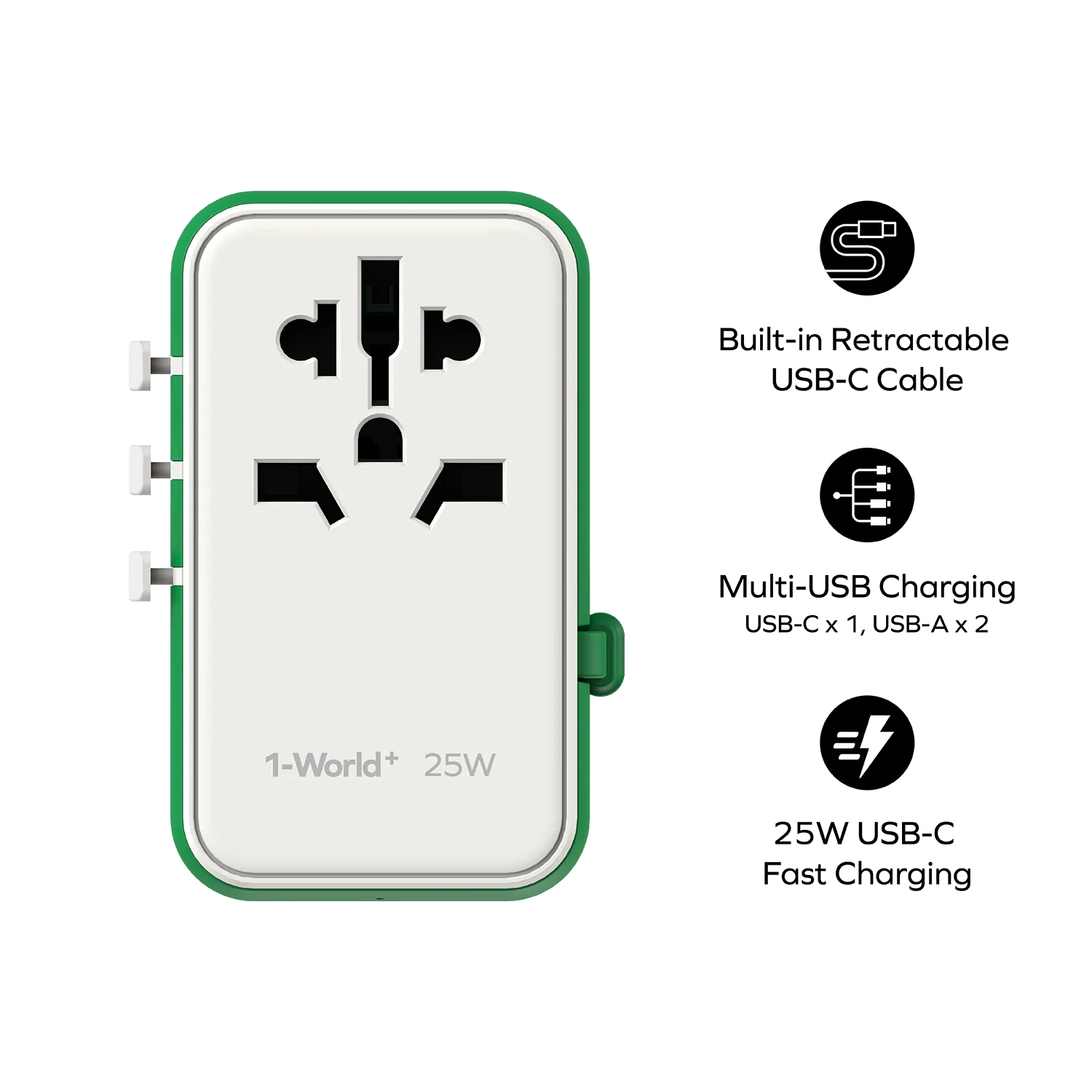1-World+ 3-Port Travel Charger Built-In USB-C Cable 25W - Image 9