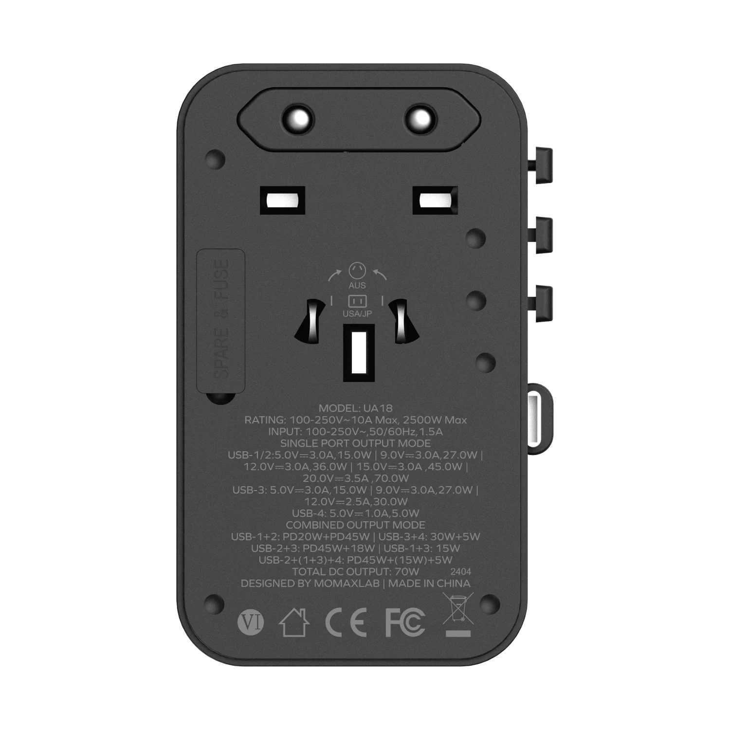 1-World+ 3-Port Travel GaN Charger With Built-in USB-C Cable 70W - Image 12