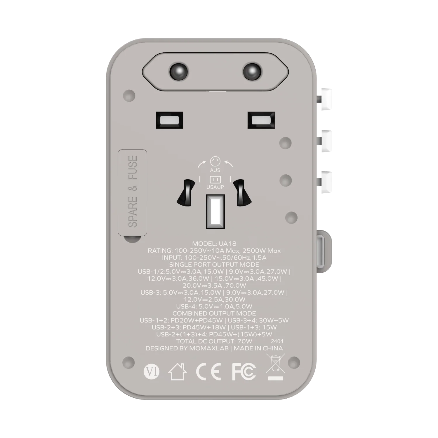 1-World+ 3-Port Travel GaN Charger With Built-in USB-C Cable 70W - Image 16