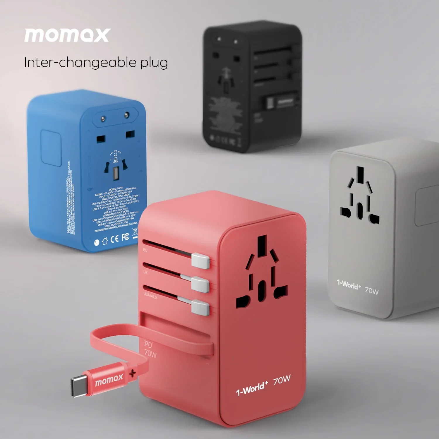 1-World+ 3-Port Travel GaN Charger With Built-in USB-C Cable 70W - Image 31