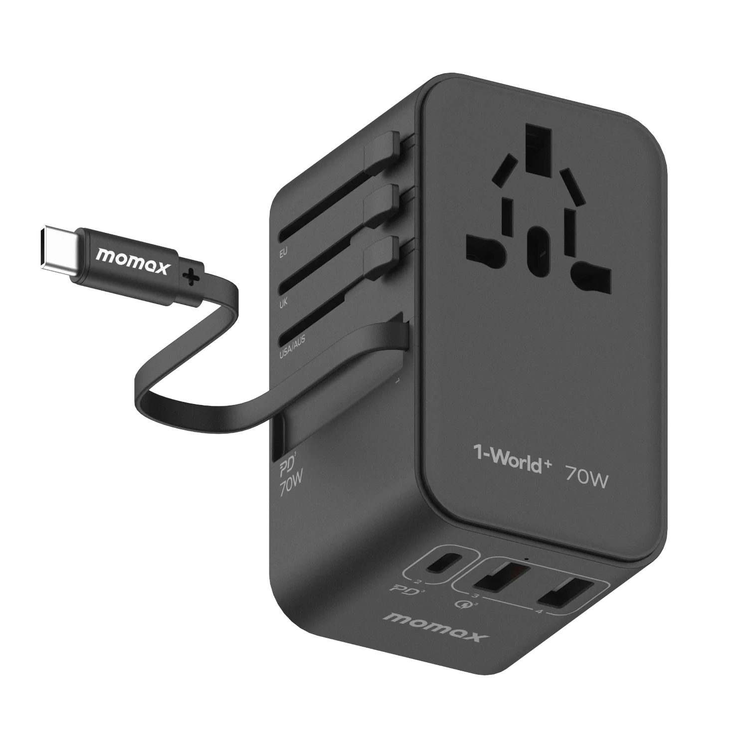 1-World+ 3-Port Travel GaN Charger With Built-in USB-C Cable 70W - Image 4