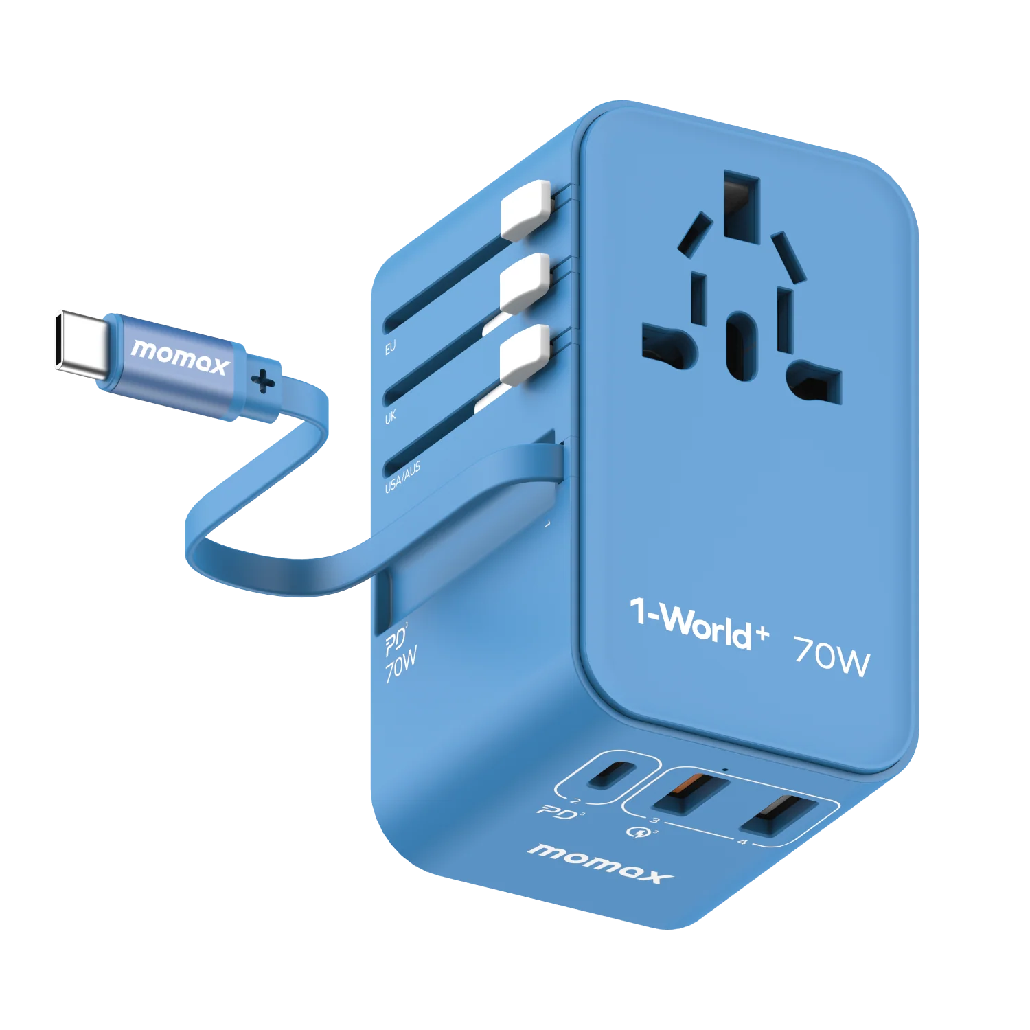 1-World+ 3-Port Travel GaN Charger With Built-in USB-C Cable 70W - Image 7