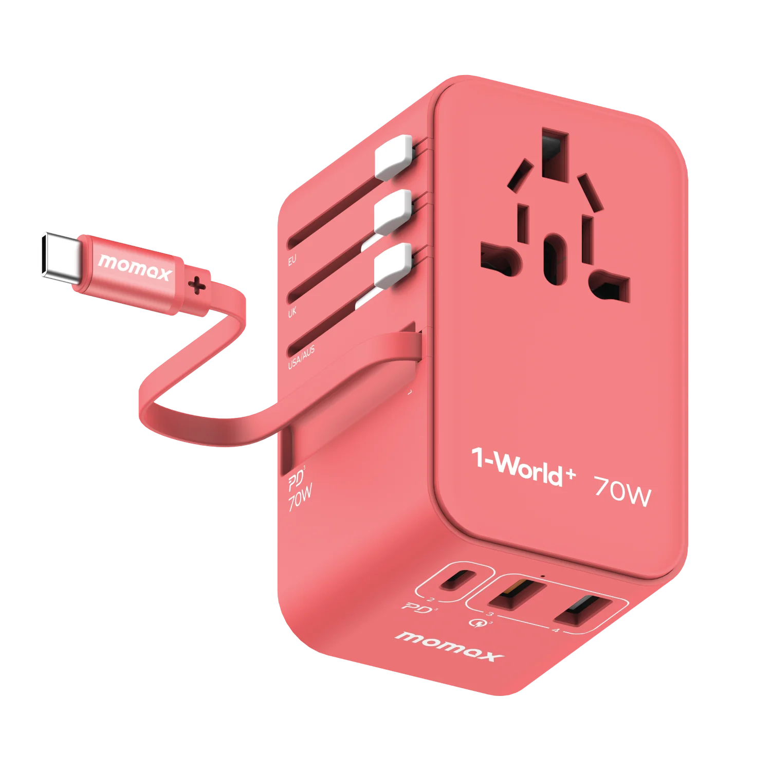 1-World+ 3-Port Travel GaN Charger With Built-in USB-C Cable 70W - Image 9