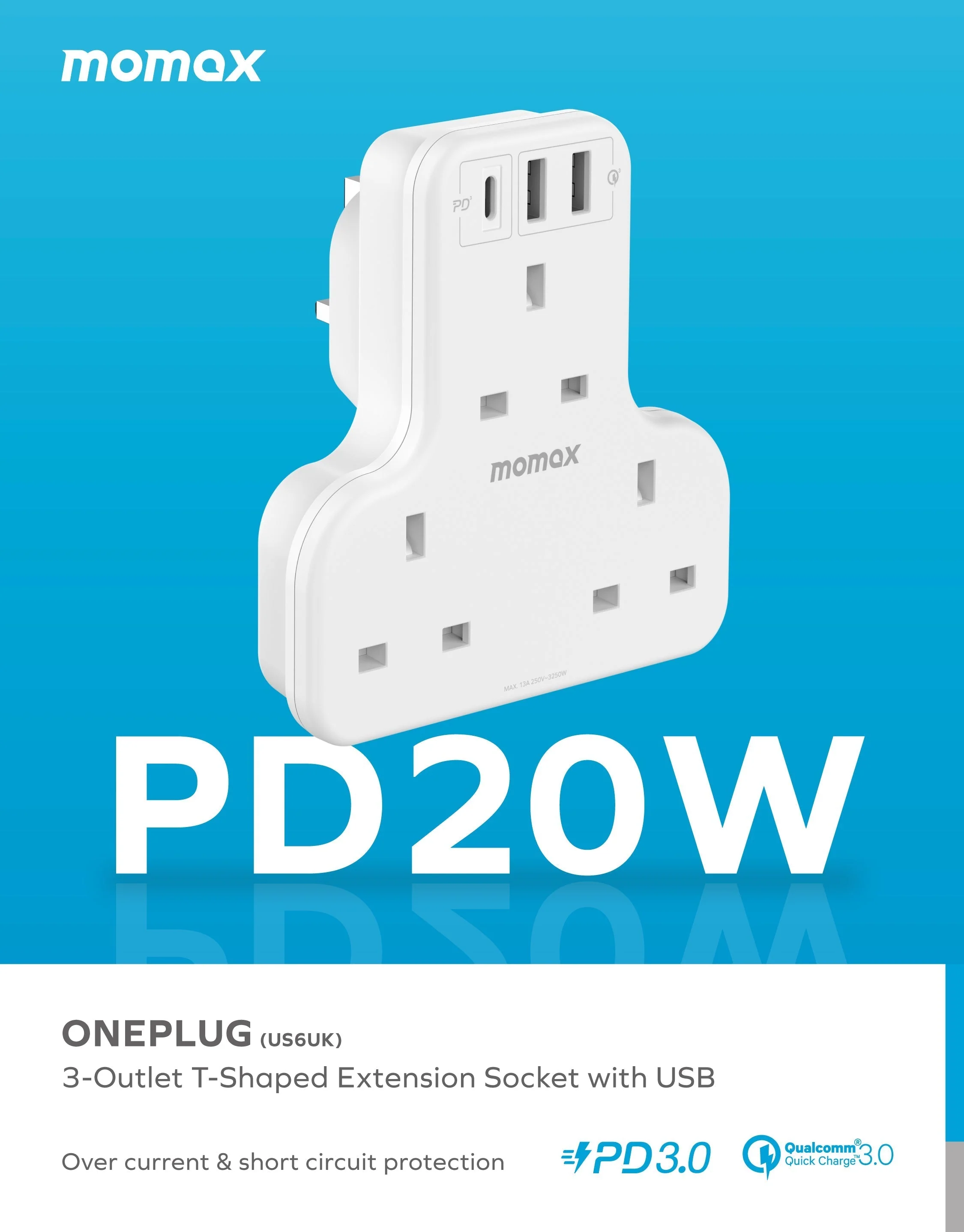 Oneplug 3-Outlet T-Shaped Extension Socket With USB - Image 4