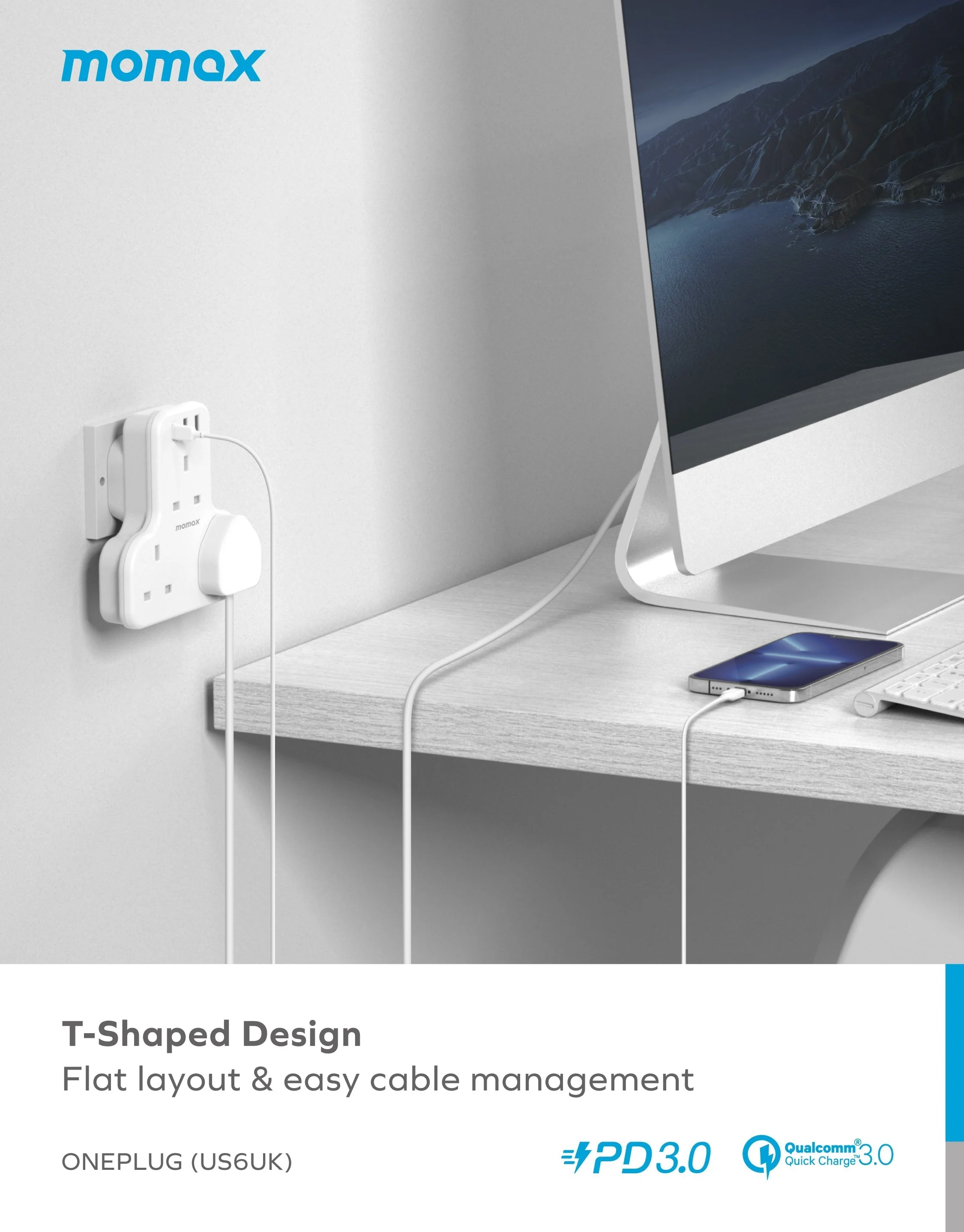 Oneplug 3-Outlet T-Shaped Extension Socket With USB - Image 5