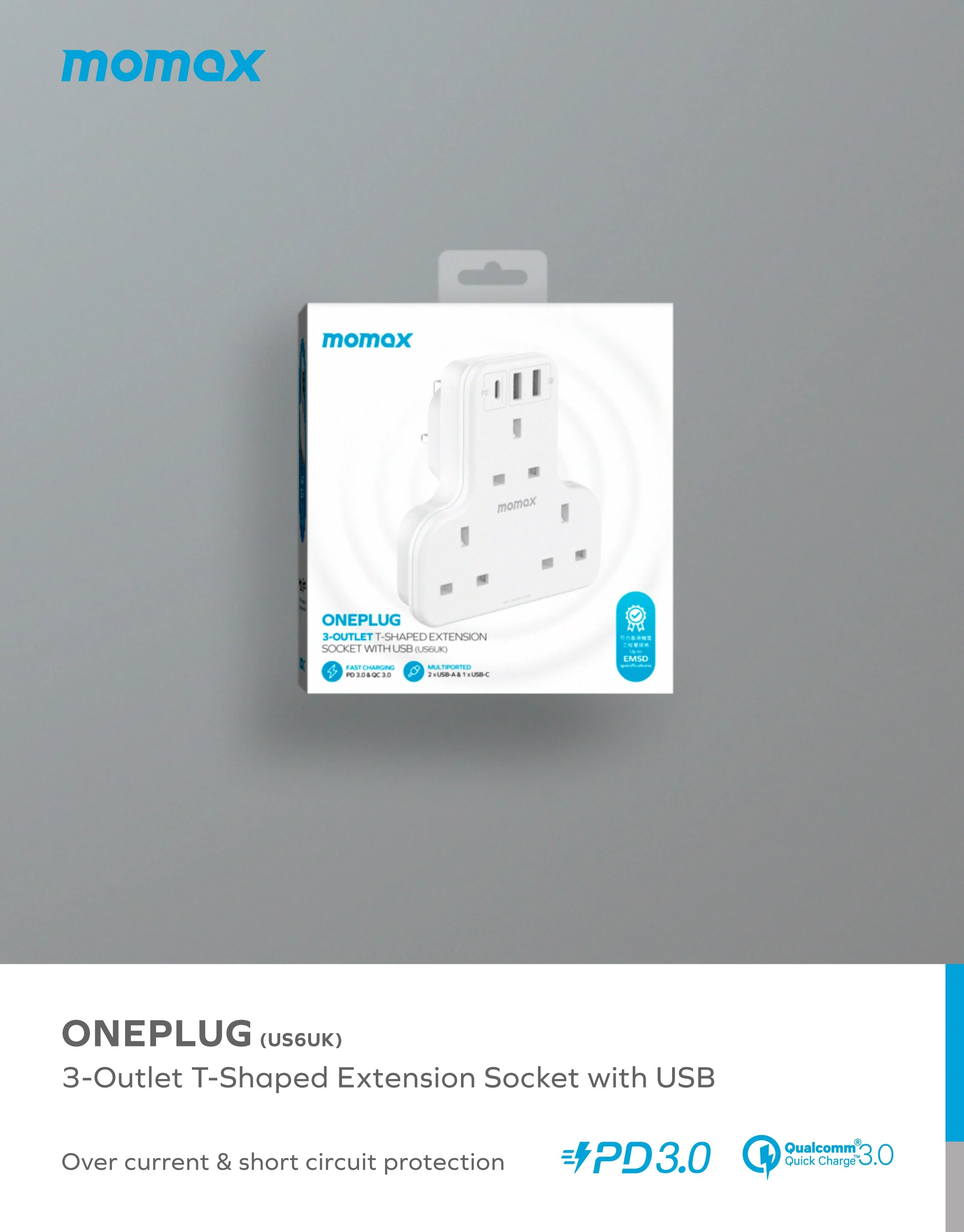 Oneplug 3-Outlet T-Shaped Extension Socket With USB - Image 7
